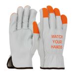 Economy Grade Top Grain Cowhide Leather Drivers Glove with Hi-Vis Fingertips and "WATCH YOUR HANDS" Logo - Keystone Thumb, Natural, L