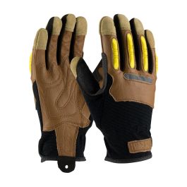 Goatskin Leather Palm Glove with Leather Back and Finger TPR Impact Protection, Brown, L