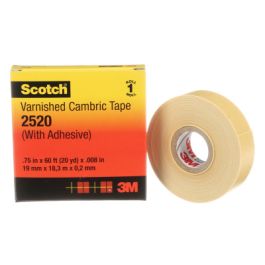 Scotch® Varnished Cambric Tape 2520, 3/4 in x 60 ft, Yellow, 1 roll/carton, 20 rolls/Case