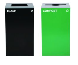 29 Gallon Trash/Recycling Cans, Steel, Green Compost Can with Mixed Lid, Black Trash Can with Square Lid