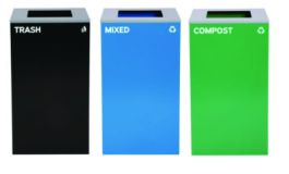 29 Gallon Trash/Recycling Cans, Steel, Blue Mixed Recycling Can, Green Compost Can, Black Trash Can with Square Lids