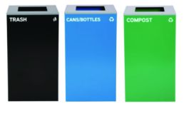 29 Gallon Trash/Recycling Cans, Steel, Blue Cans/Bottles Recycling Can, Green Compost Can, Black Trash Can with Square Lids
