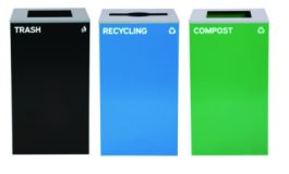 29 Gallon Trash/Recycling Cans, Steel, Blue Recycling Can/Mixed Lid, Green Compost Can and Black Trash Can with Square Lids