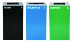 29 Gallon Trash/Recycling Cans, Steel, Blue Cans/Bottles Recycling Can w/Mixed Lid, Green Compost and Black Trash w/Sq Lid