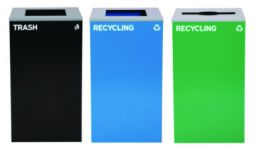 29 Gallon Trash/Recycling Cans, Steel, Blue Recycling Can and Black Trash Can w/Sq Lid, Green Recycling Can with Mixed Lid
