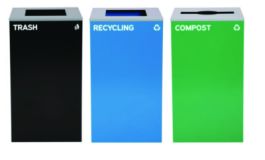 29 Gallon Trash/Recycling Cans, Steel, Blue Recycling Can and Black Trash Can w/Square Lids, Green Compost Can with Mixed Lid