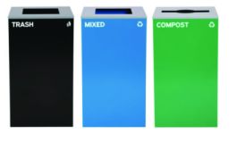 29 Gallon Trash/Recycling Cans, Steel, Blue Mixed Recycling and Black Trash Cans w/Square Lids, Green Compost Can w/Mixed Lid