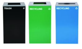 29 Gallon Trash/Recycling Cans, Steel, Blue Recycling Can w/Mixed Lid, Green Recycling Can and Black Trash Can with Sq Lid
