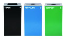 29 Gallon Trash/Recycling Cans, Steel, Blue Recycling Can and Green Compost Can w/Mixed Lids, Black Trash Can with Square Lid