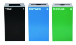 29 Gallon Trash/Recycling Cans, Steel, Blue Recycling Can and Green Recycling Can w/Mixed Lids, Black Trash Can w/Square Lid