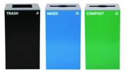 29 Gallon Trash/Recycling Cans, Steel, Blue Mixed Recycling and Green Compost Cans w/Mixed Lids, Black Trash Can w/Square Lid