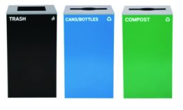 29 Gallon Trash/Recycling Cans, Steel, Blue Cans/Bottles Recycling and Green Compost Can w/Mixed Lid, Black Trash Can Sq Lid