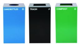 29 Gallon Trash/Recycling Cans, Steel, Blue Cans/Bottles with Circle Lid, Green Compost and Black Trash Cans with Square Lids