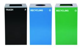 29 Gallon Trash/Recycling Cans, Steel, Blue Recycling Can w/Circle Lid, Green Recycling Can and Black Trash Can w/Square Lids