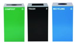 29 Gallon Trash/Recycling Cans, Steel, Blue Recycling Can w/Circle Lid, Green Compost w/Mixed Lid, Black Trash w/Square Lid