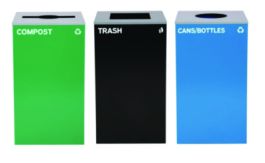 29 Gallon Trash/Recycling Cans, Steel, Blue Cans/Bottles Recycling w/Circle Lid, Green Compost w/Mixed Lid, BK Trash w/Sq Lid