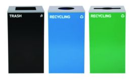 29 Gallon Trash/Recycling Cans, Steel, Blue Recycling Can w/Circle Lid, Green Recycling w/Mixed Lid, Black Trash w/Square Lid