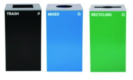 29 Gallon Trash/Recycling Cans, Steel, Blue Mixed Recycling w/Circle Lid, Green Recycling w/Mixed Lid, Black Trash w/Sq Lid