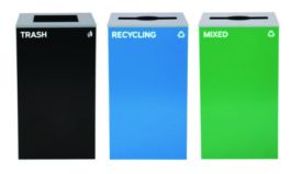 29 Gallon Trash/Recycling Cans, Steel, Blue Recycling and Green Mixed Recycling Can w/Mixed Lids, Black Trash Can w/Sq Lid