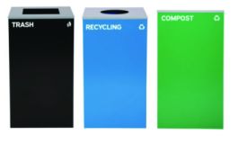 29 Gallon Trash/Recycling Cans, Steel, Blue Recycling Can w/Circle Lid, Green Compost Can and Black Trash Can w/Square Lids