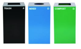 29 Gallon Trash/Recycling Cans, Steel, Blue Mixed Recycling Can w/Circle Lid, Green Compost and Black Trash Cans w/Sq Lids
