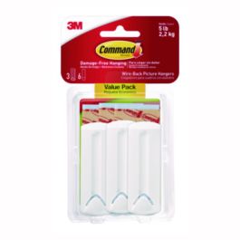 Wire-Backed Picture Hanging Hooks, Plastic, White, Supports 5 lbs, 3/Pack