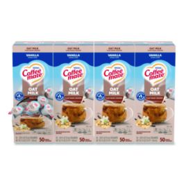 Plant-Based Oat Milk Liquid Creamers, Natural Vanilla, 0.38 oz Mini Cups, 50/Box, 4 Boxes/Carton