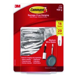 General Purpose Wire Hooks, Medium, Metal, White, 2 lb Capacity, 16 Hooks and 20 Strips/Pack