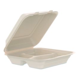 Compostable Molded Fiber Hinged Trays, ProPlanet Seal, 3 Compartments, 9.14 x 9 x 2.98, Natural, 200/Carton