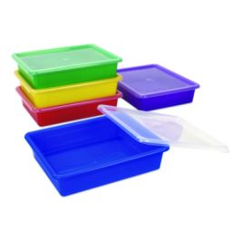 Storage Tray with Lid, Flat, 1 gal, 10.65" x 10.65" x 2.96", Assorted Bright, 5/Pack