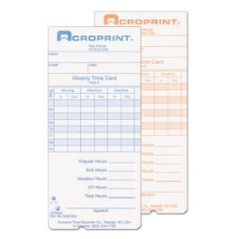 Time Clock Cards for Acroprint ATR240/ATR360, Two Sides, 3.5 x 7.25, 250/Pack