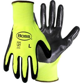 Hi-Vis Seamless Knit Polyester Glove with Nitrile Coated Smooth Grip on Palm & Fingers, Hi-Vis Yellow