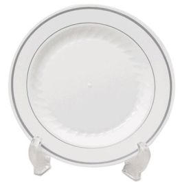 Masterpiece Plastic Dinnerware, Plate, 9" dia, White/Silver, 12/Pack, 10 Packs/Carton