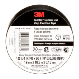 3M™ Temflex™ Vinyl Electrical Tape 165, Black, 3/4 in x 60 ft x .006 in, 100 Rolls/Case