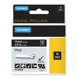 Rhino Permanent Vinyl Industrial Label Tape, 0.75" x 18 ft, Black/White Print
