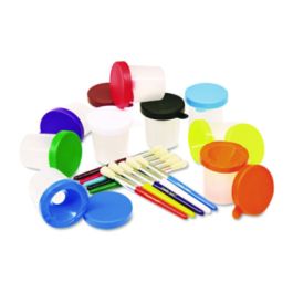 No-Spill Cups and Coordinating Brushes, Assorted Color Lids/Clear Cups, 10/Set