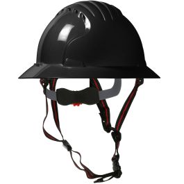 Full Brim Safety Helmet with HDPE Shell, 4-Point Chinstrap, 6-Point Suspension and Wheel Ratchet Adjustment, Black, OS 280-EV6161-CH-11