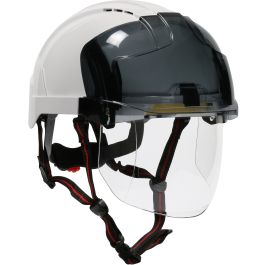 Type I, Vented Industrial Safety Helmet with fully adjustable four point chinstrap, Lightweight ABS Shell, Integrated Faceshield, 6-Point Polyester Suspension and Wheel Ratchet Adjustment, Smoke, OS 280-EVSV-CH-01S