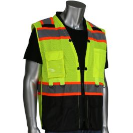 ANSI Type R Class 2 Two-Tone Twelve Pocket Tethering Vest with Ripstop Black Bottom Front and "D" Ring Access, Hi-Vis Yellow, L 302-0670T-LY/L