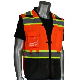 ANSI Type R Class 2 Two-Tone Twelve Pocket Tethering Vest with Ripstop Black Bottom Front and "D" Ring Access, Hi-Vis Orange, M 302-0670T-OR/M