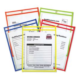 Neon Stitched Shop Ticket Holders, Super Heavy-Duty, Top Load 9 x 12 Insert, Clear Front, Assorted Neon Border Colors, 25/Box