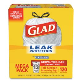 Tall Kitchen Drawstring Trash Bags with LeakGuard, 13 gal, Unscented, 23.47" x 25.38", White, 120/Box