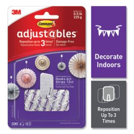 Adjustables Repositionable Mini Hooks, Plastic, White, 0.5 lb Capacity, 6 Hooks and 12 Strips