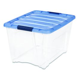 Stack and Pull Latching Flat Lid Storage Box, 13.5 gal, 22" x 16.5" x 13.03", Clear/Translucent Blue