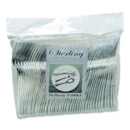 Sterling Heavyweight Plastic Cutlery, Fork, Silver, 50/Pack