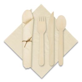 Pre-Rolled Caterwrap Kraft Napkins with Wood Cutlery, Fork/Knife/Napkin/Spoon, Plastic, Brown, 100/Carton