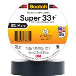 Scotch® Super 33+ Vinyl Electrical Tape, 2 in X 36 yd, 1 in Core, Black, 1 roll/carton, 25 rolls/Case