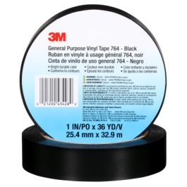 3M™ General Purpose Vinyl Tape 764, Black, 1 in x 36 yd, 5 mil, 36 Roll/Case, Individually Wrapped Conveniently Packaged