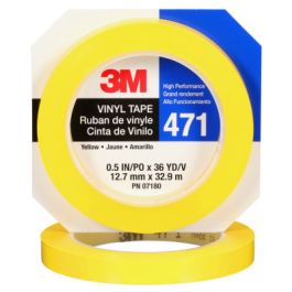 3M™ Vinyl Tape 471, Yellow, 1/2 in x 36 yd, 5.2 mil, 72 Roll/Case, Individually Wrapped Conveniently Packaged
