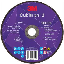 3M™ Cubitron™ 3 Cut-Off Wheel, 90039, 60+, T1, 7 in x 0.45 in x 7/8 in(180 x 1.6 x 22.23 mm), ANSI, 25/Pack, 50 ea/Case